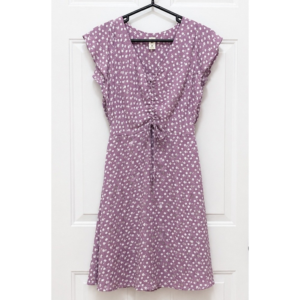 Monteau Floral Dress XS Purple White Flutter Sleeve Mini Cottagecore Boho